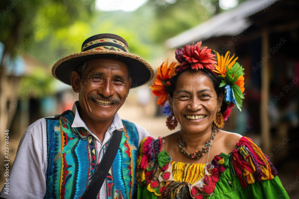 Guatemalan latin couple wearing colorful cultural clothes, on street background