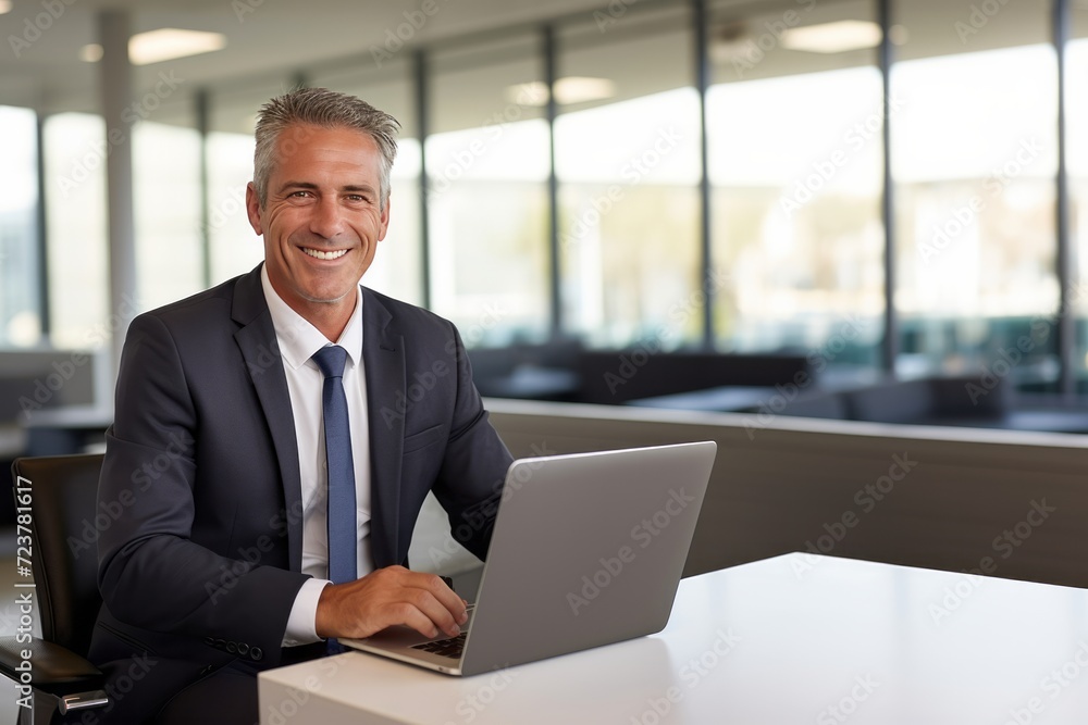 happy mature business man looking at laptop computer happy mature business man looking at laptop computer