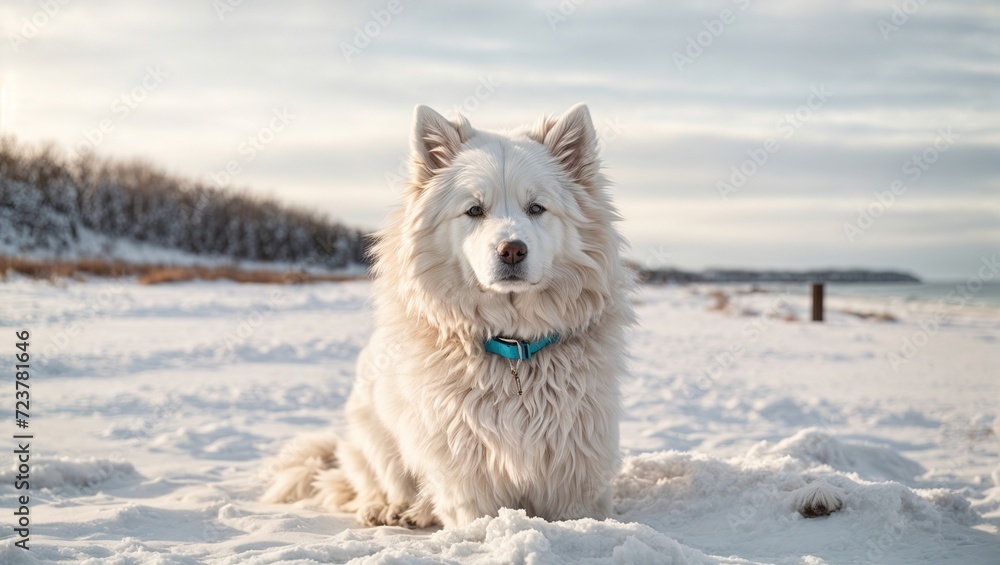 Samoyed the white dog in the snow on a winter beach Samoyed the white dog in the snow on a winter beach