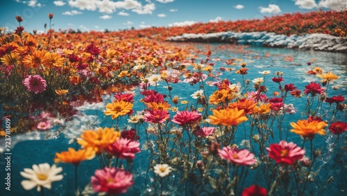 vibrant field of colorful flowers gently floating over a crystal clear blue pool, reflecting the bright blue sky above © LIFE LINE