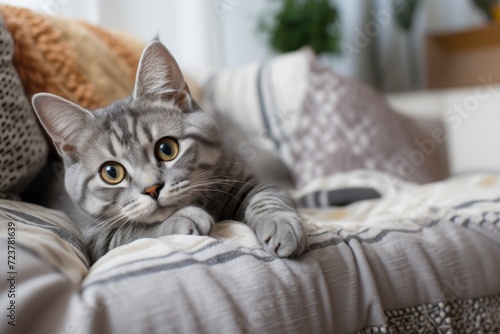 grey and white cat with yellow eyes sofa. close up © Danko