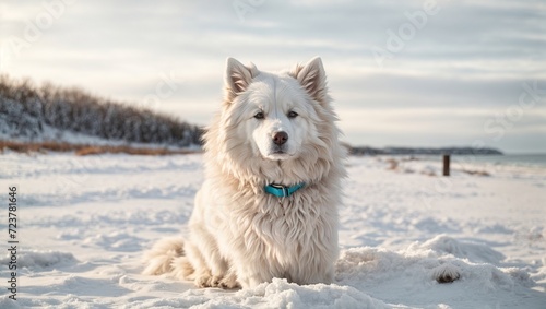 Samoyed the white dog in the snow on a winter beach