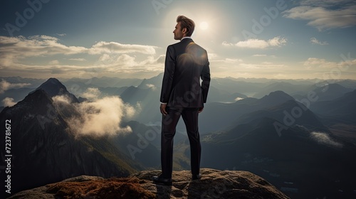 young executive, standing at the top of the mountain