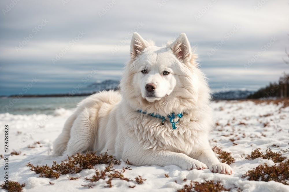  White dog samoyed on the winter beach in the snow