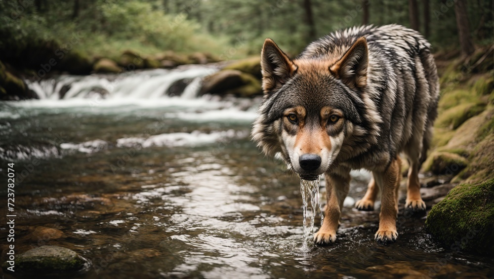 wolf dog taking a drink of water at a stream