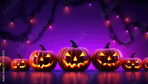 Halloween neon lights background with pumpkins
