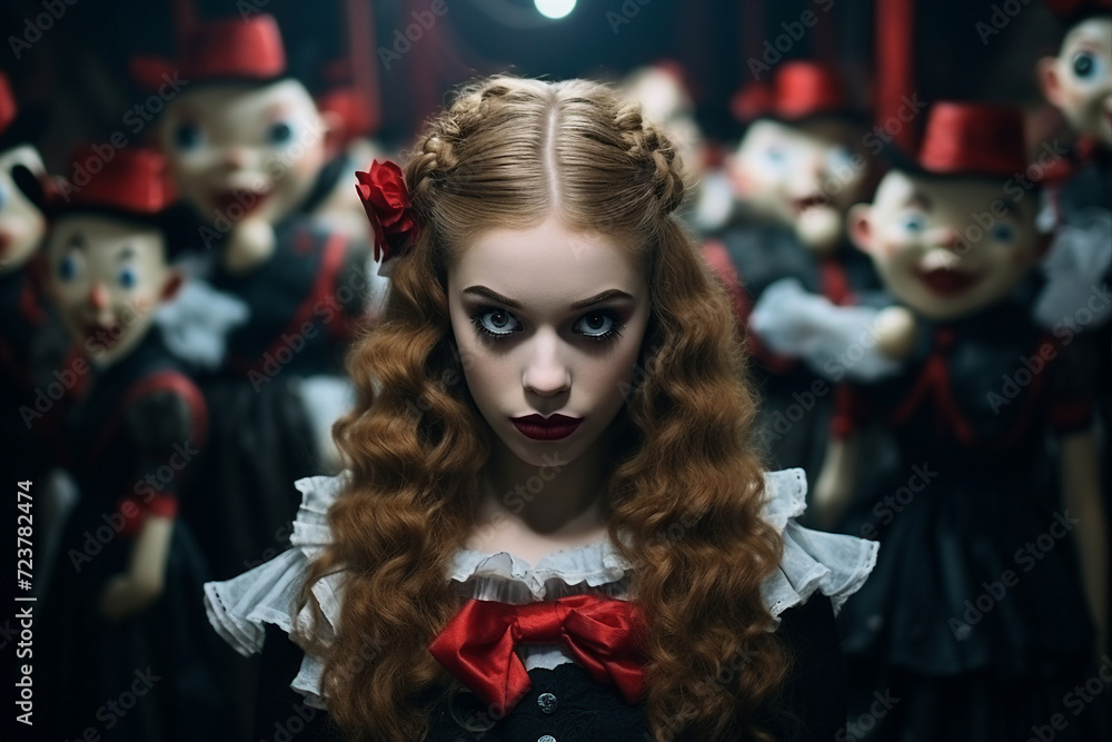 Scary and beautiful circus theme conceptual portrait Generative AI technology man woman performers Scary and beautiful circus theme conceptual portrait Generative AI technology man woman performers