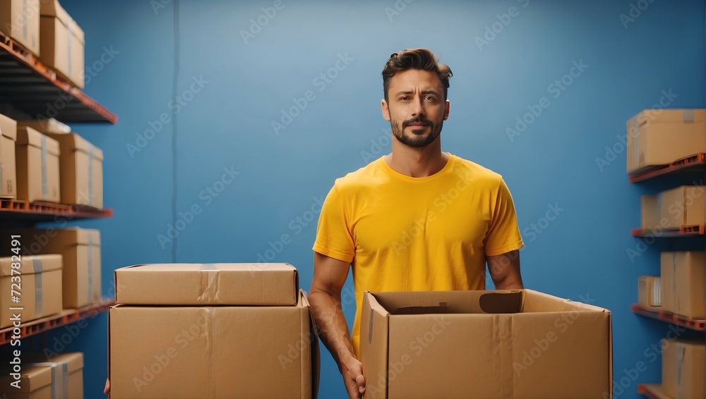Man in yellow t-shirt with cardboard box in hands on blue background, warehouse worker. Man in yellow t-shirt with cardboard box in hands on blue background, warehouse worker.
