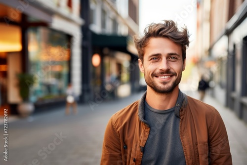 A portrait of a young man standing on a street with blurred city lights on background. © Danko
