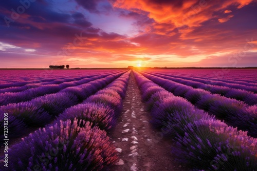 colorful background of lavender field at sunset