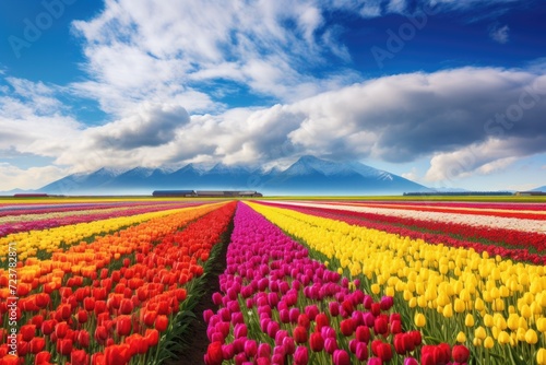 colorful background field of multi-colored tulip #723782871
