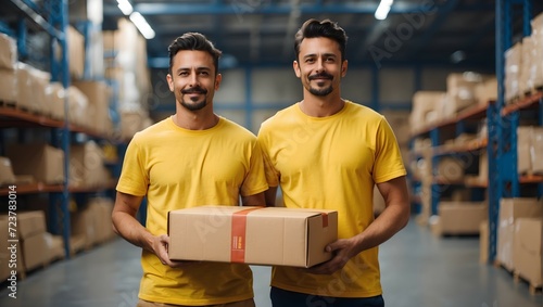 Two men in yellow T-shirts, warehouse workers, holding a cardboard box.