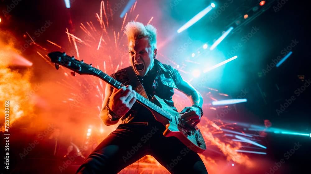 Obraz premium Passionate rock star playing guitar on music festival stage