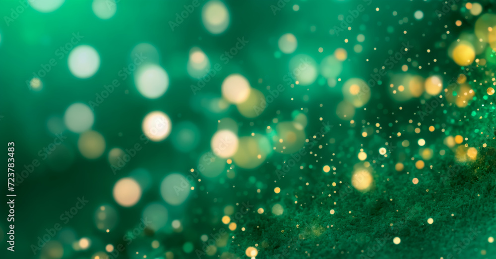 Gold bokeh on defocused emerald green background