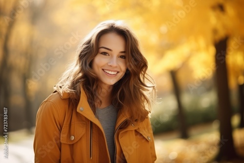 Fashion-conscious woman in a chic brown corduroy jacket enjoys the tranquility of a fall afternoon in a lush park photo
