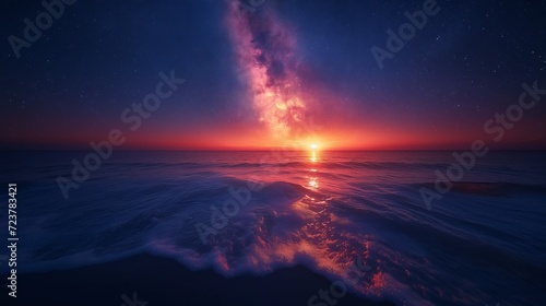 A long exposure shot of big water waves, in a calm night sea of stars, great reflection in the water at the horizon, in the style of space wallpaper