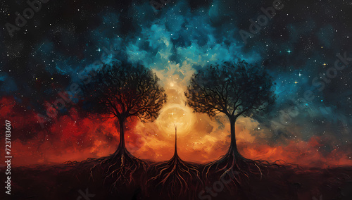 A majestic grove of trees stands tall, their roots reaching into the depths of the colorful sky, as if connecting our earthly world with the vast expanse of the universe and its twinkling stars photo
