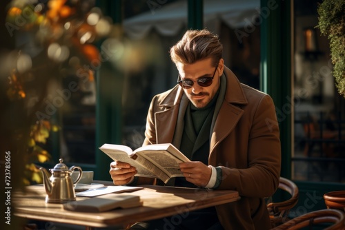 A sophisticated man in a luxurious dark green cashmere cardigan enjoying a quiet afternoon with a good book at a café