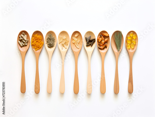 Wooden spoons on a light background. vitamins, supplements, nutrition, healthy lifestyle.