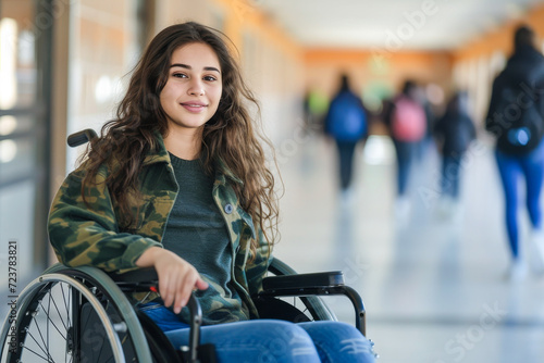 Female student in wheelchair in the school hallway © Tixel