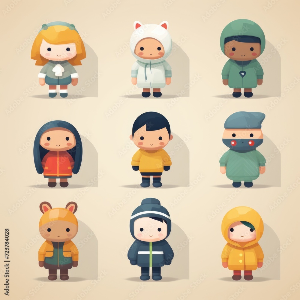 Set of illustrations of little children in different fantasy costumes. Concept of holiday, rest and children's games Set of illustrations of little children in different fantasy costumes. Concept of holiday, rest and children's games
