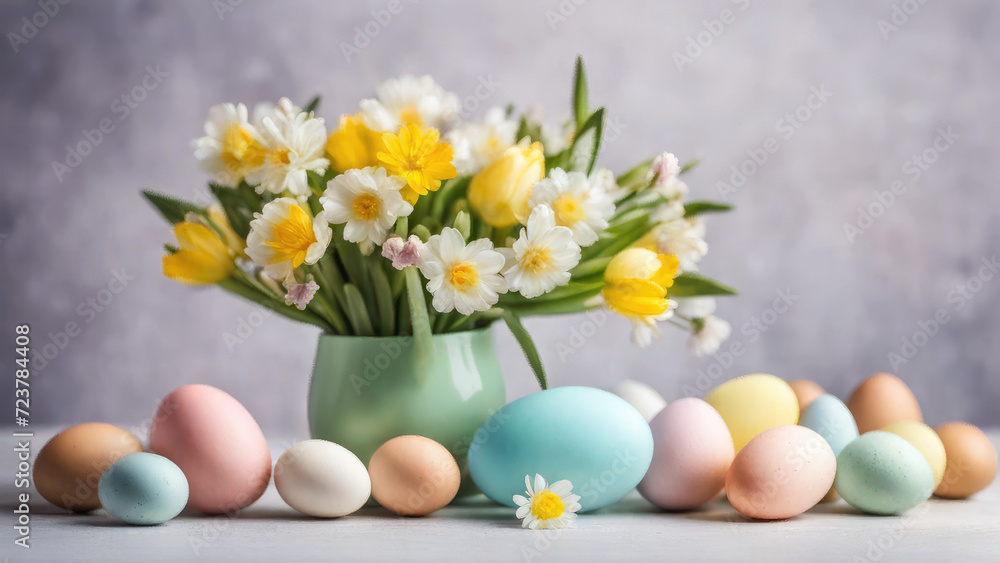 Banner Spring flowers in vase and multi-colored easter eggs on wall background