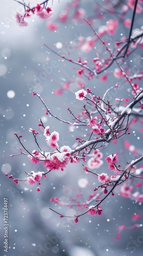 Beautiful tree branch covered in heavy snow, misty with white and purple red flowers, covered in snow with plum blossom petals, mountain valleys