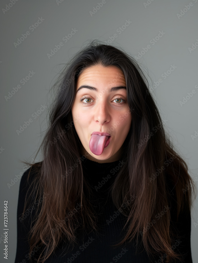 Head portrait of an expressive woman. Tongue out. Head portrait of an expressive woman. Tongue out.
