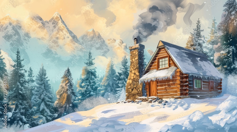 A cozy cabin with smoke rising from its chimney nestled in a snowy mountain forest scene.