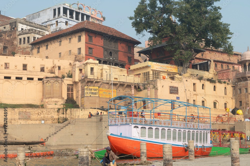 Varanasi , India - 8 December 2023, View of Lalita Ghat from the boat in the morning at Varanasi Uttar Pradesh  India