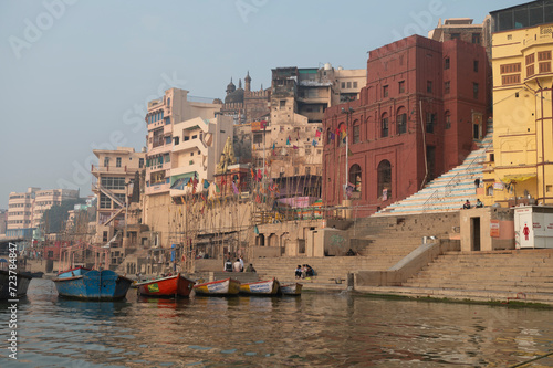 Varanasi India 8 December 2023, Early in the  morning view of Panchganga Ghat and Brahma Ghat from the boat  at Varanasi Uttar Pradesh  India photo