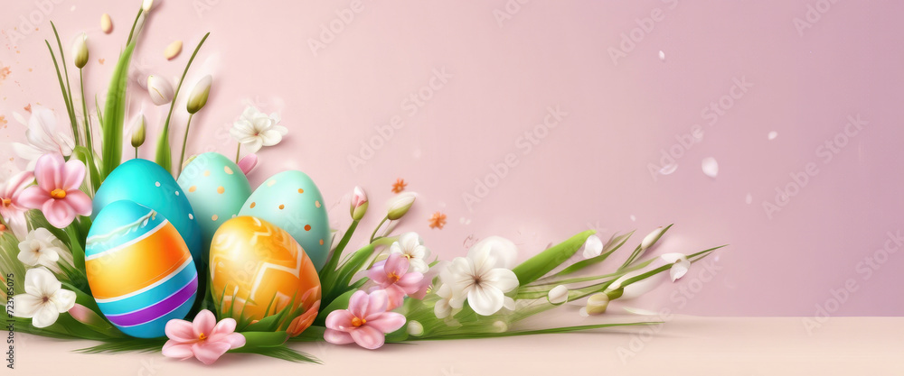 banner easter eggs background and flowers.