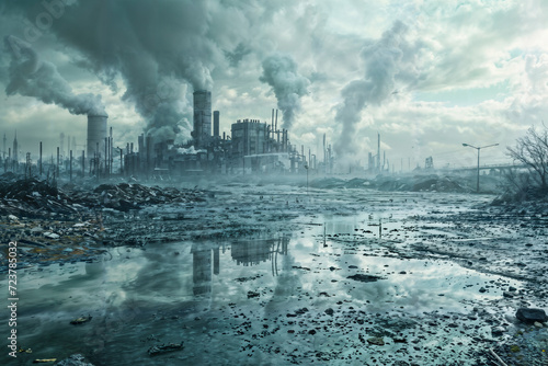 Polluted Industrial Landscape Reflection. Created with Generative AI