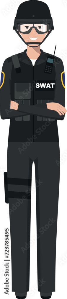 Standing SWAT Policewoman Officer in Traditional Uniform Character Icon in Flat Style. Vector Illustration.
