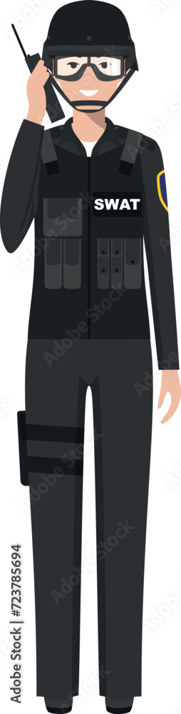 Standing SWAT Policewoman Officer with Walkie-Talkie in Traditional Uniform Character Icon in Flat Style. Vector Illustration.
