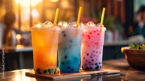 boba drinks with vibrant colors on a wooden table photo