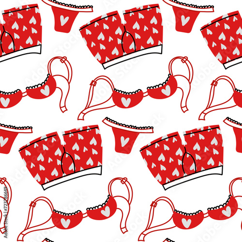 Pattern of women's and men's underwear doodle for Valentine's day. A set of underwear. A modern colorful collection of hand-painted underwear. The concept of sensuality of romance. Red on White
