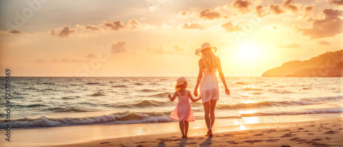 banner young mother and holds her little daughter by hand on ocean at sunset. Girls in white dresses and long hair