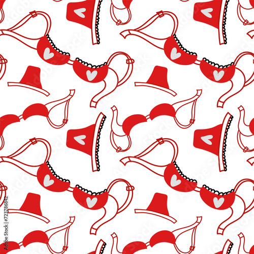 Pattern of women's underwear doodle for Valentine's Day. A set of underwear bra and panties. A modern colorful collection of hand-painted underwear. The concept of sensuality of romance. Red on White