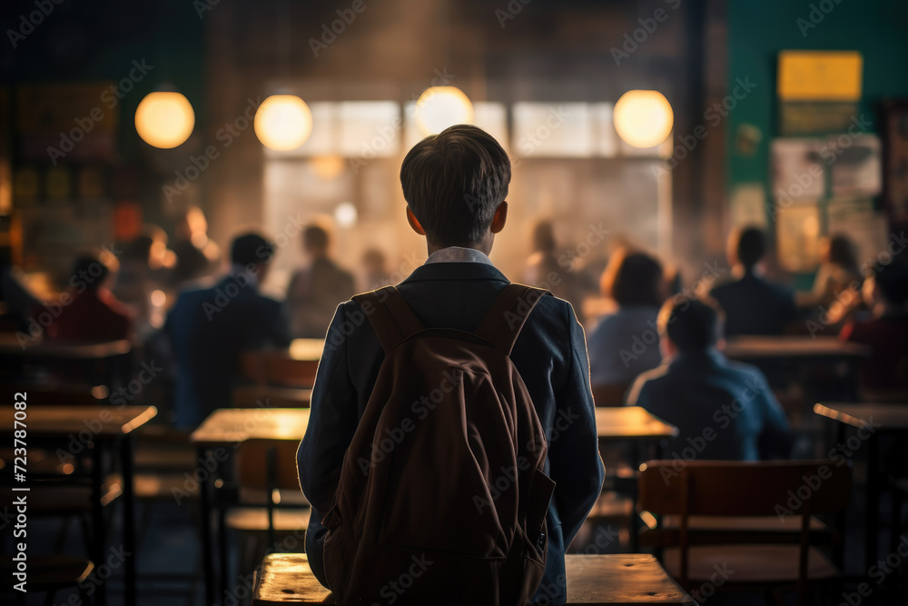 Image of young student facing back with full classroom and bag, back to school. Geneative ai Image of young student facing back with full classroom and bag, back to school. Geneative ai
