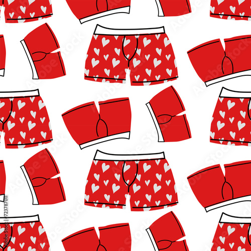 Pattern of men's underwear doodle for Valentine's Day. A set of underwear boxers. A modern colorful collection of hand-painted underwear. The concept of sensuality of romance. Red on White heart