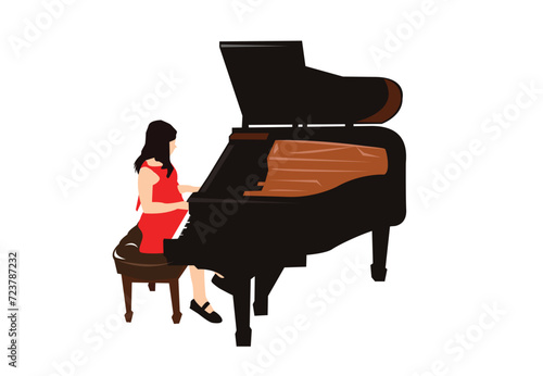 A Girl Pianist plays on a grand acoustic piano. Editable Clip Art.