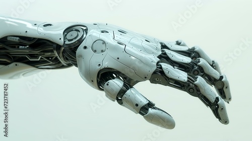 A sleek white robotic arm with a highly detailed and articulated design