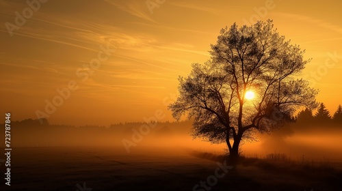 A lone tree silhouetted against a foggy sunrise in a serene landscape