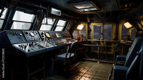 View of the control console on the navigational bridge of the cargo container ship