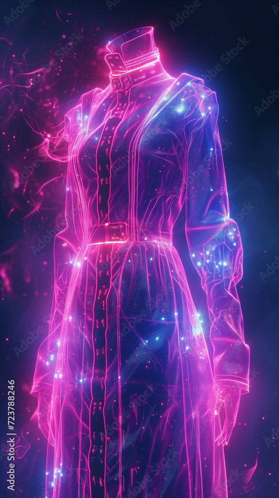 Neon light outline of a dress on a mannequin against a dark background. Neon light outline of a dress on a mannequin against a dark background.