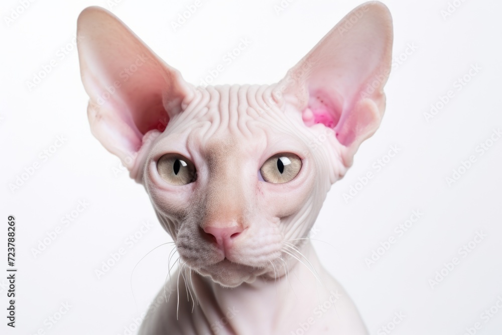 A detailed view of a cat with pink ears. This image can be used to showcase the unique features of a cat or to add a touch of cuteness to any project