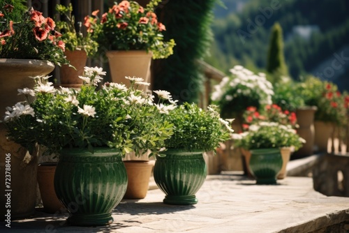 A row of potted plants sitting on a ledge. Can be used to add a touch of greenery and life to any indoor or outdoor space