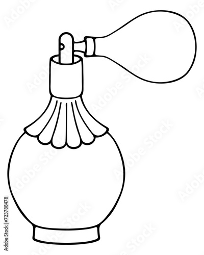 Bottle with perfume. Pear-shaped spray bottle. Sketch. A pot-bellied glass bottle with fragrant eau de toilette. Vector illustration. Doodle style. An old-fashioned container with aromatic liquid. 
