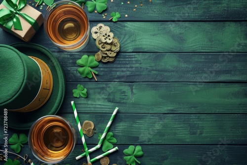 St. Patricks Day Table With Green Hat and Shamrocks